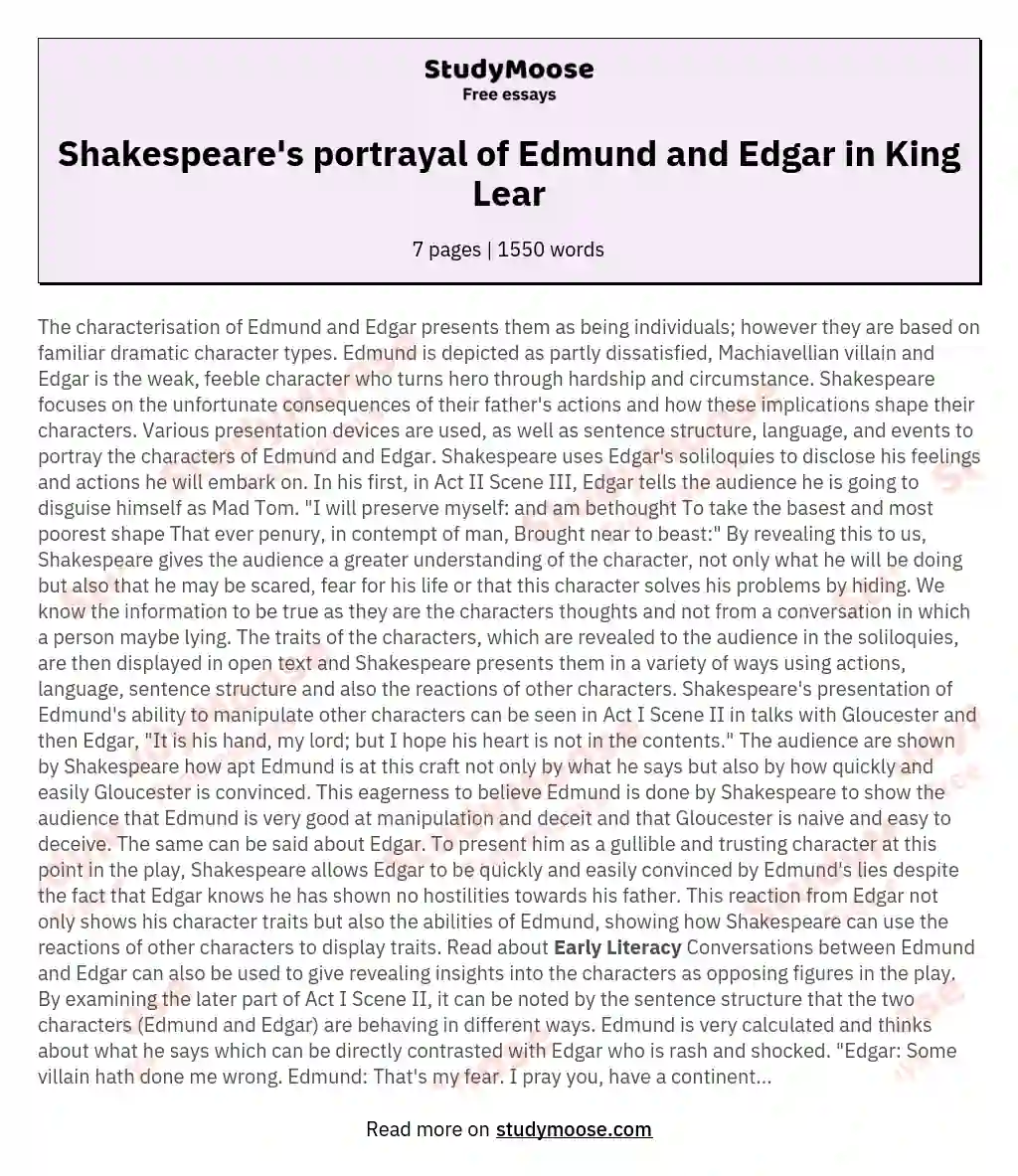 Explore the ways in which Shakespeare presents the characters of Edmund and Edgar in "King Lear"