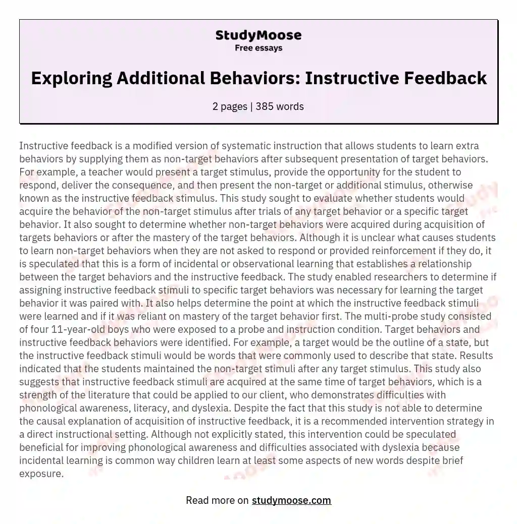 Exploring Additional Behaviors: Instructive Feedback essay