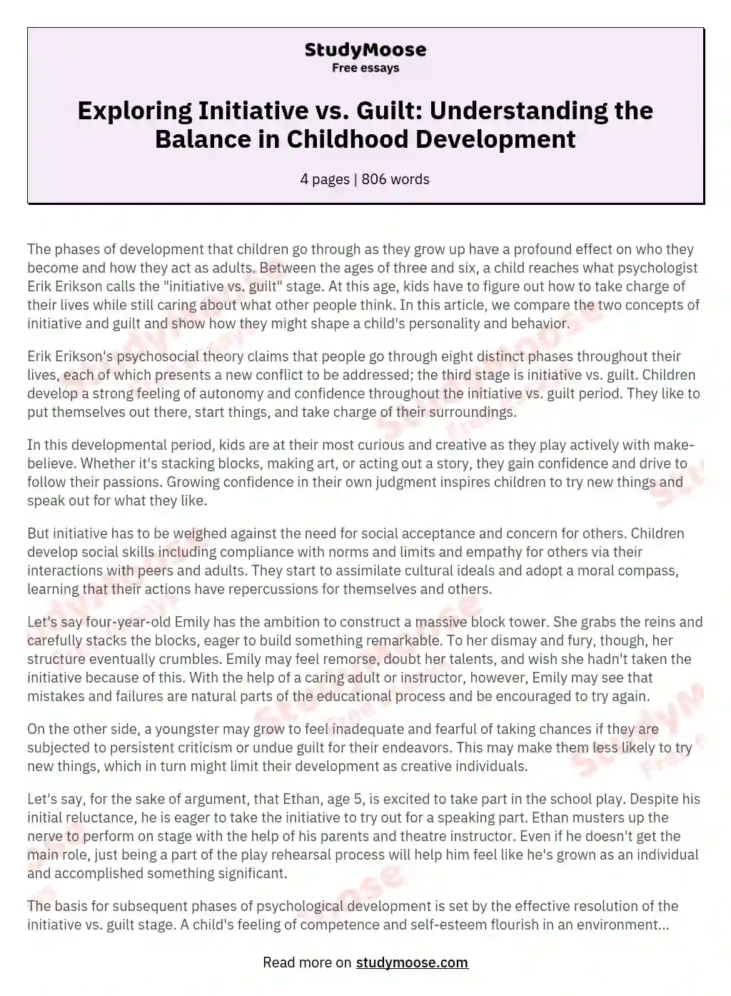 Exploring Initiative vs. Guilt: Understanding the Balance in Childhood Development essay