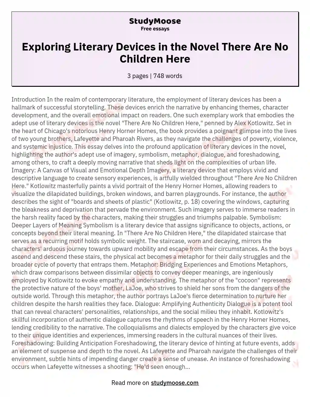 Exploring Literary Devices in the Novel There Are No Children Here essay
