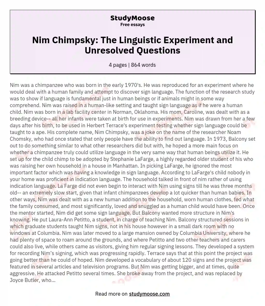 Nim Chimpsky: The Linguistic Experiment and Unresolved Questions essay