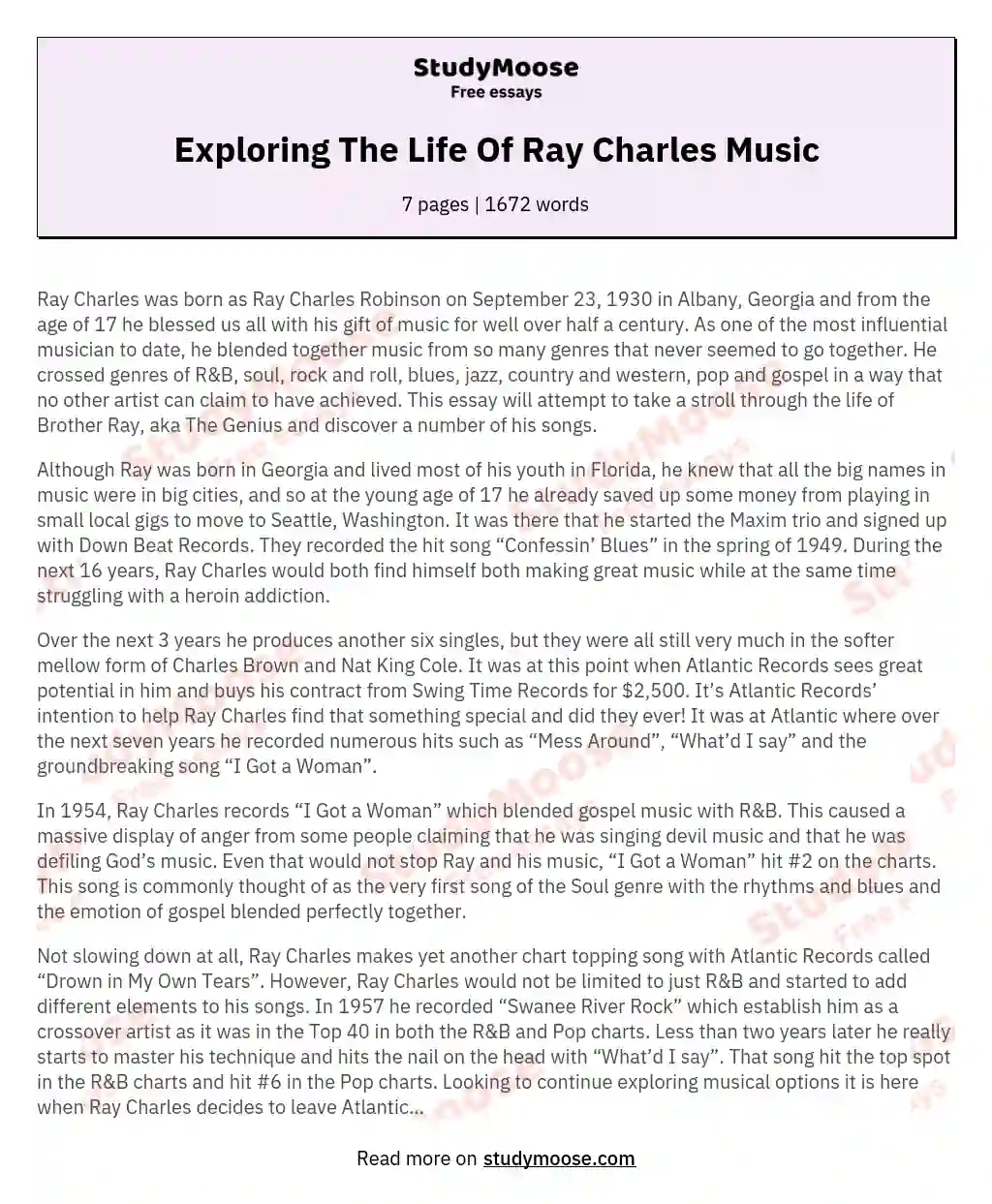 Exploring The Life Of Ray Charles Music essay