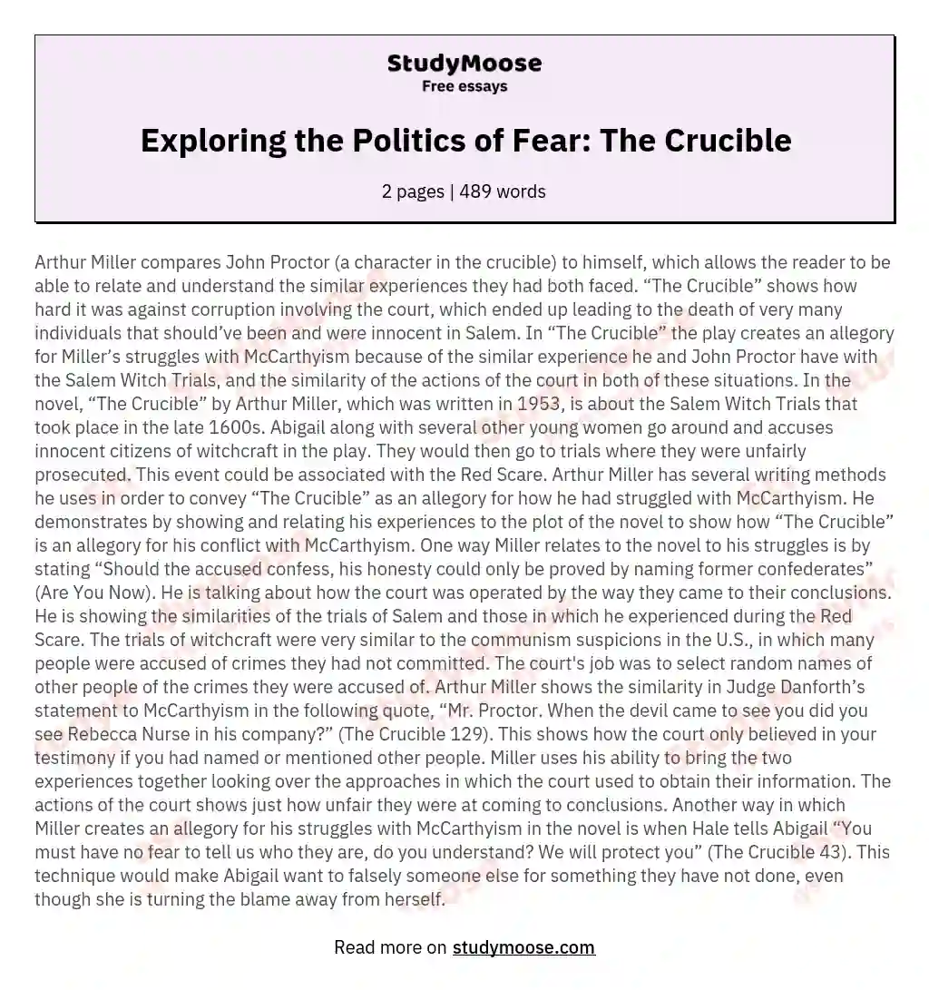 Exploring the Politics of Fear: The Crucible essay