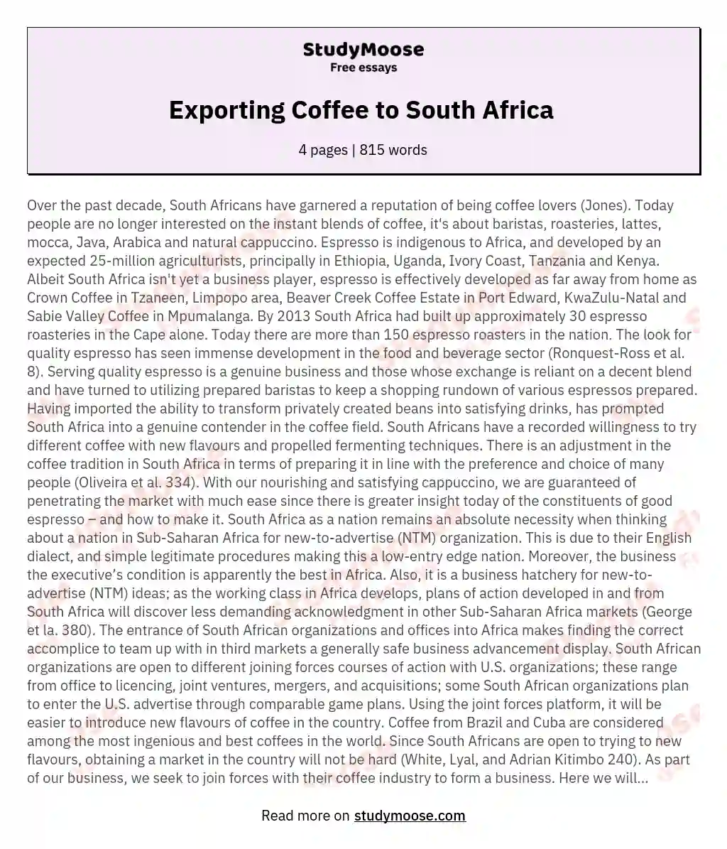 Exporting Coffee to South Africa  essay