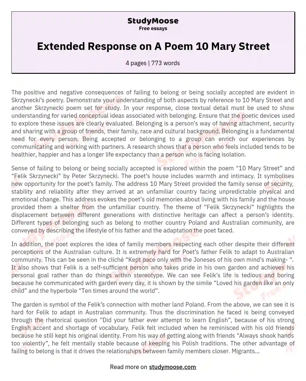 Extended Response on A Poem 10 Mary Street