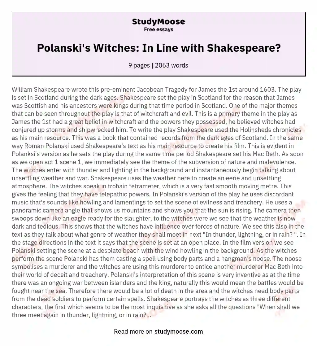 Polanski's Witches: In Line with Shakespeare? essay