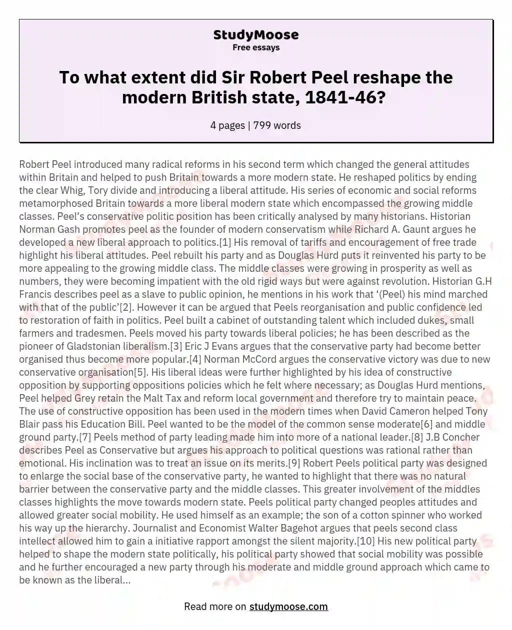 To what extent did Sir Robert Peel reshape the modern British state, 1841-46? 