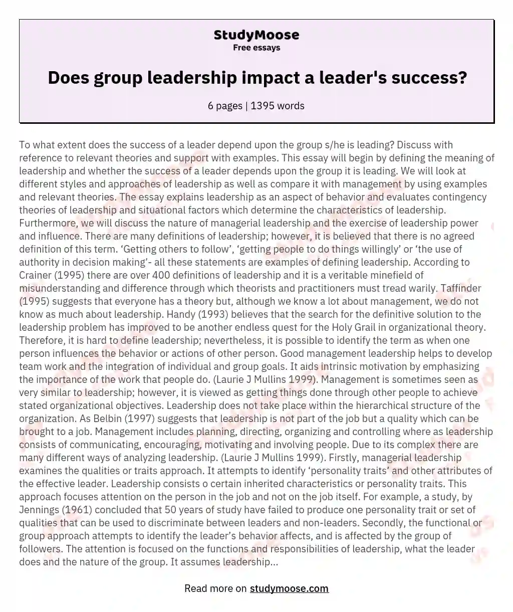 Does group leadership impact a leader's success? essay