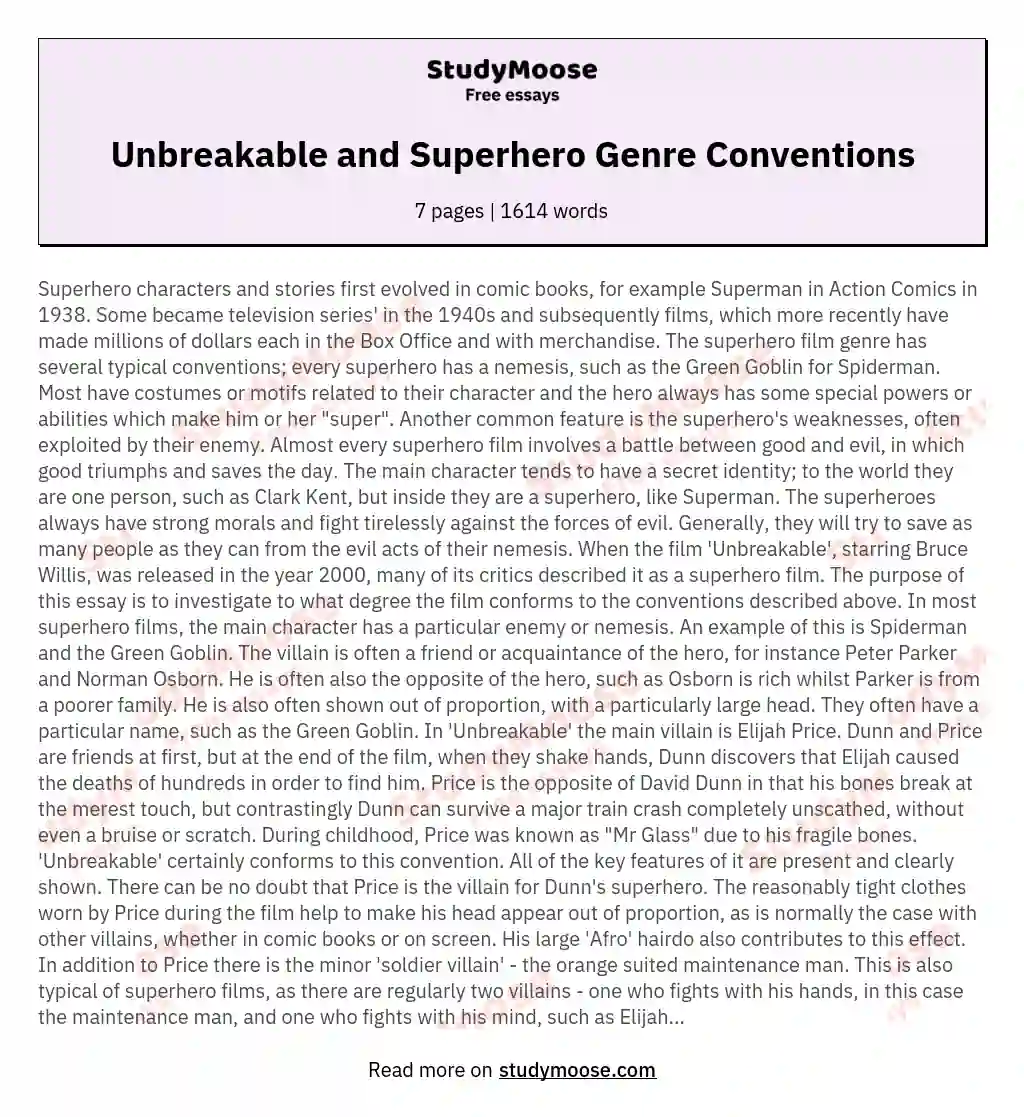 Unbreakable and Superhero Genre Conventions essay
