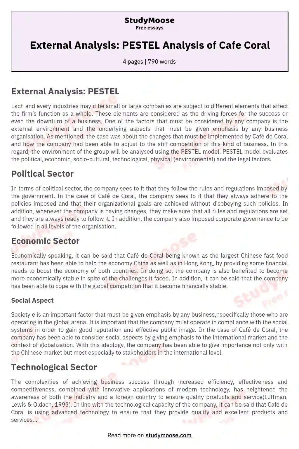 External Analysis: PESTEL Analysis of Cafe Coral essay