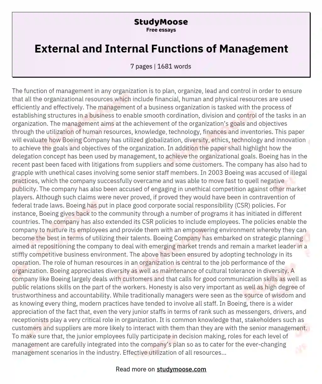 External and Internal Functions of Management