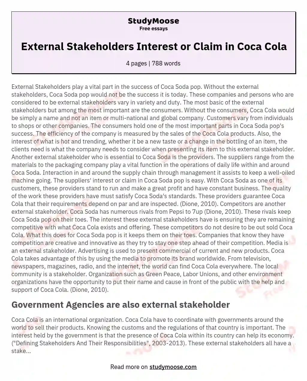 External Stakeholders Interest or Claim in Coca Cola essay