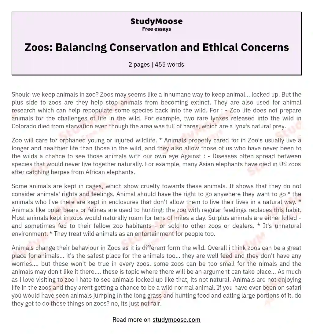 Zoos: Balancing Conservation and Ethical Concerns essay