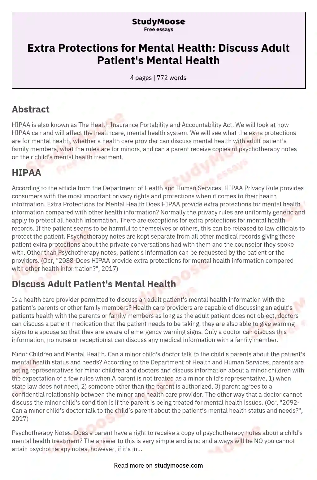 Extra Protections for Mental Health: Discuss Adult Patient's Mental Health