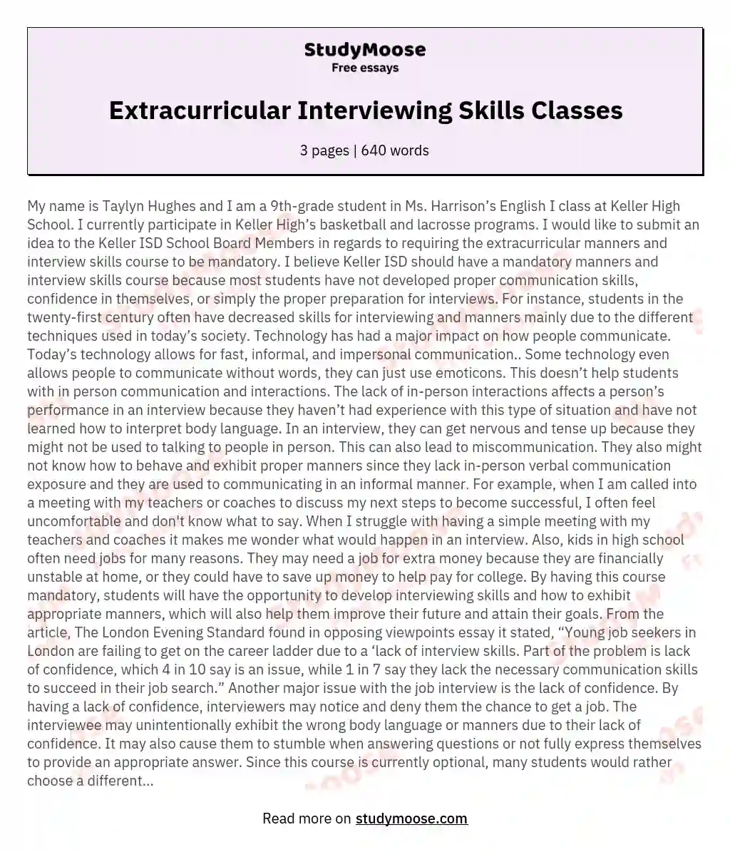 Extracurricular Interviewing Skills Classes essay