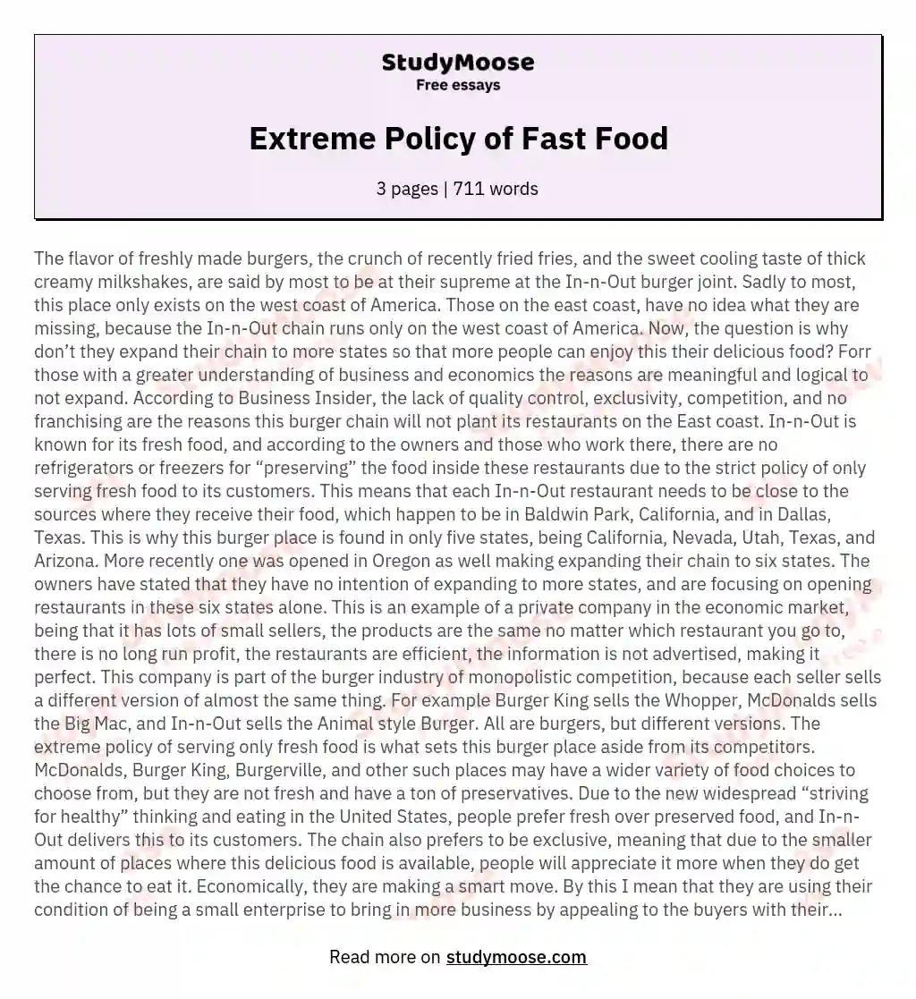 Extreme Policy of Fast Food essay
