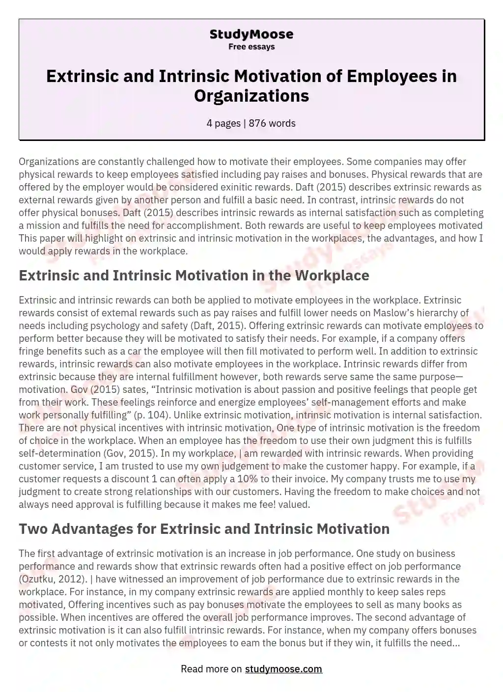 Extrinsic and Intrinsic Motivation of Employees in Organizations essay