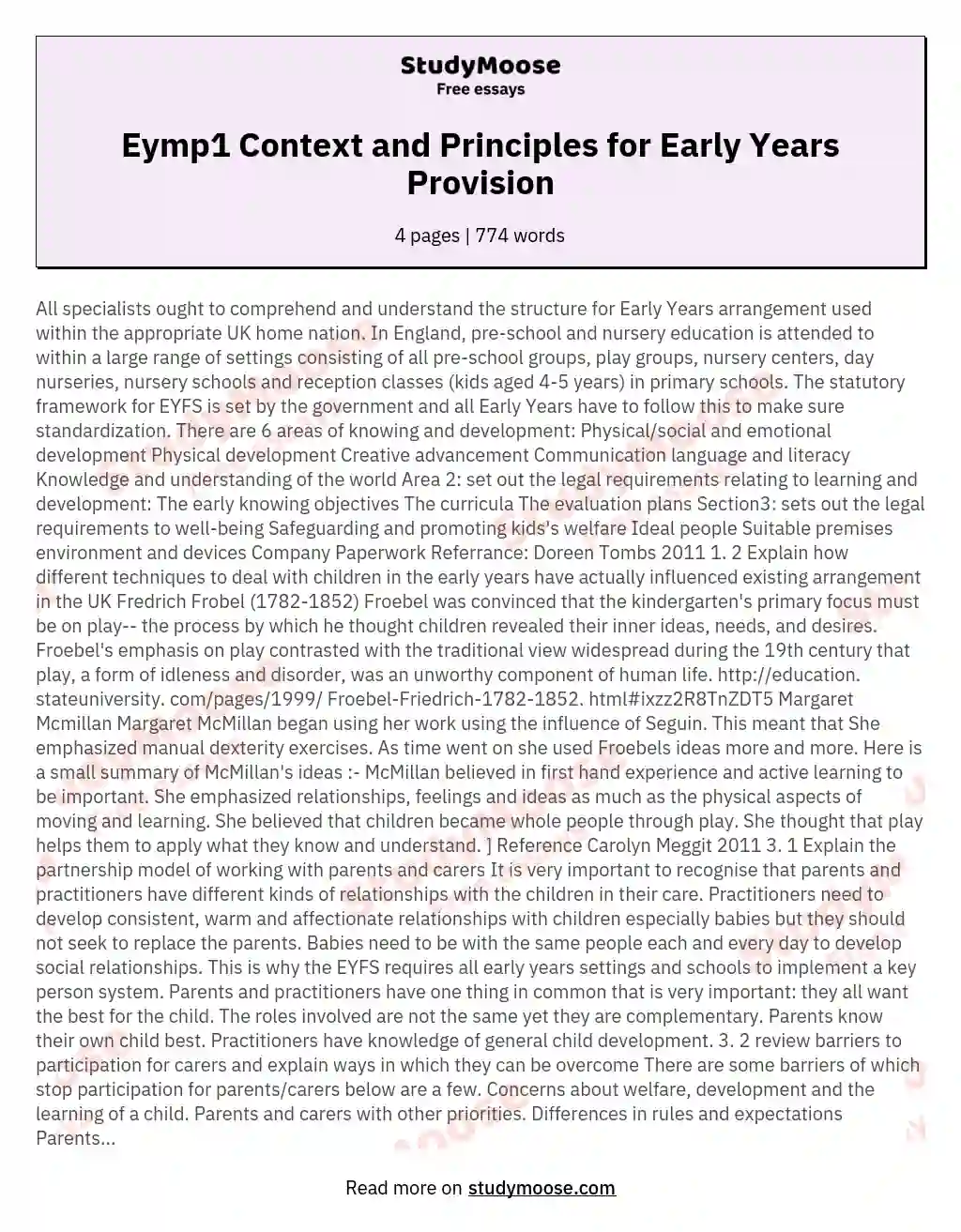 Eymp1 Context and Principles for Early Years Provision essay