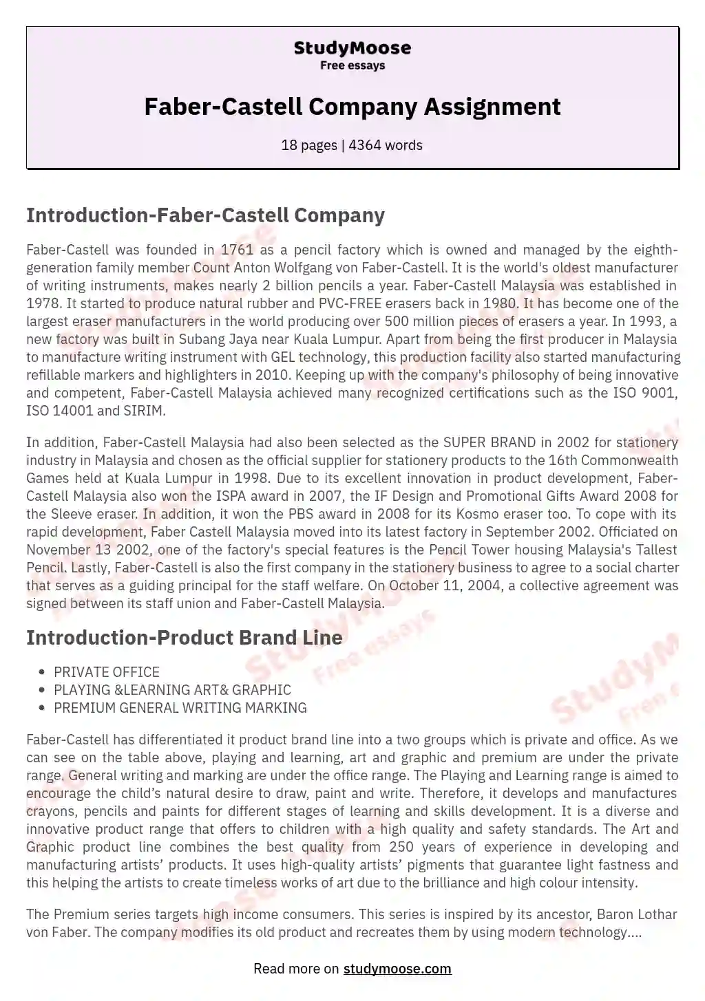 Faber-Castell Company Assignment essay