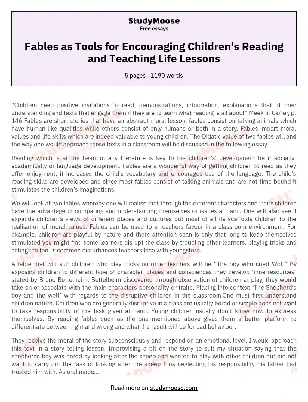 Fables as Tools for Encouraging Children's Reading and Teaching Life Lessons essay