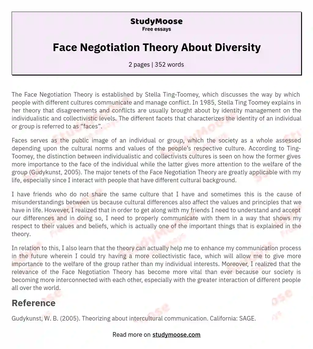 Face Negotiation Theory About Diversity essay