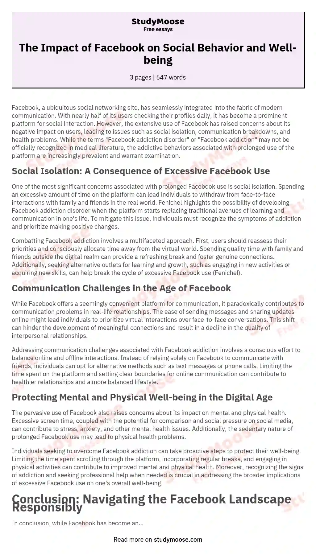 The Impact of Facebook on Social Behavior and Well-being essay