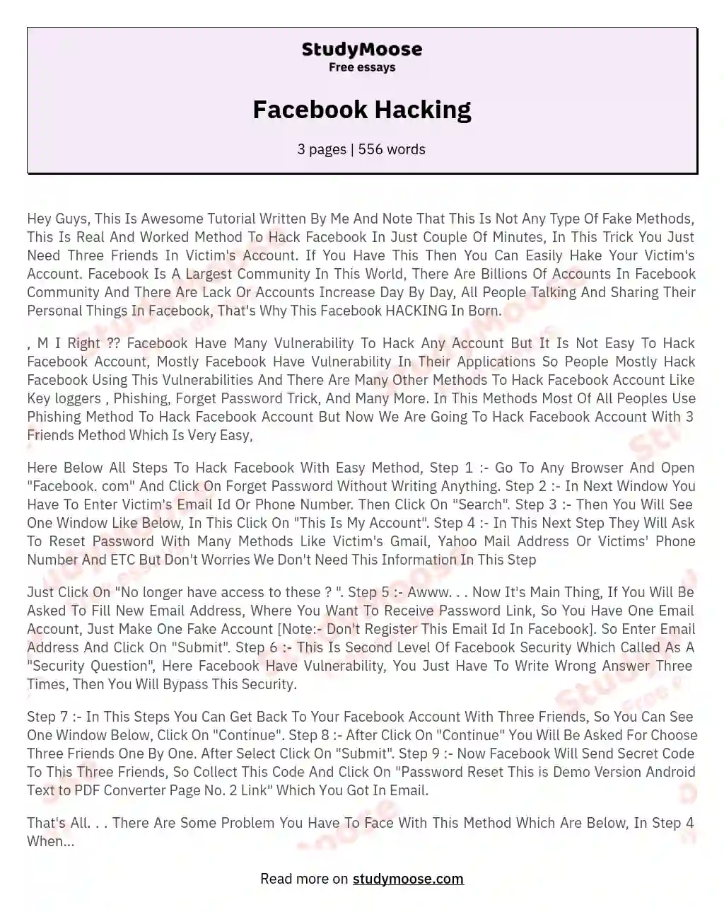 Facebook Hacking essay
