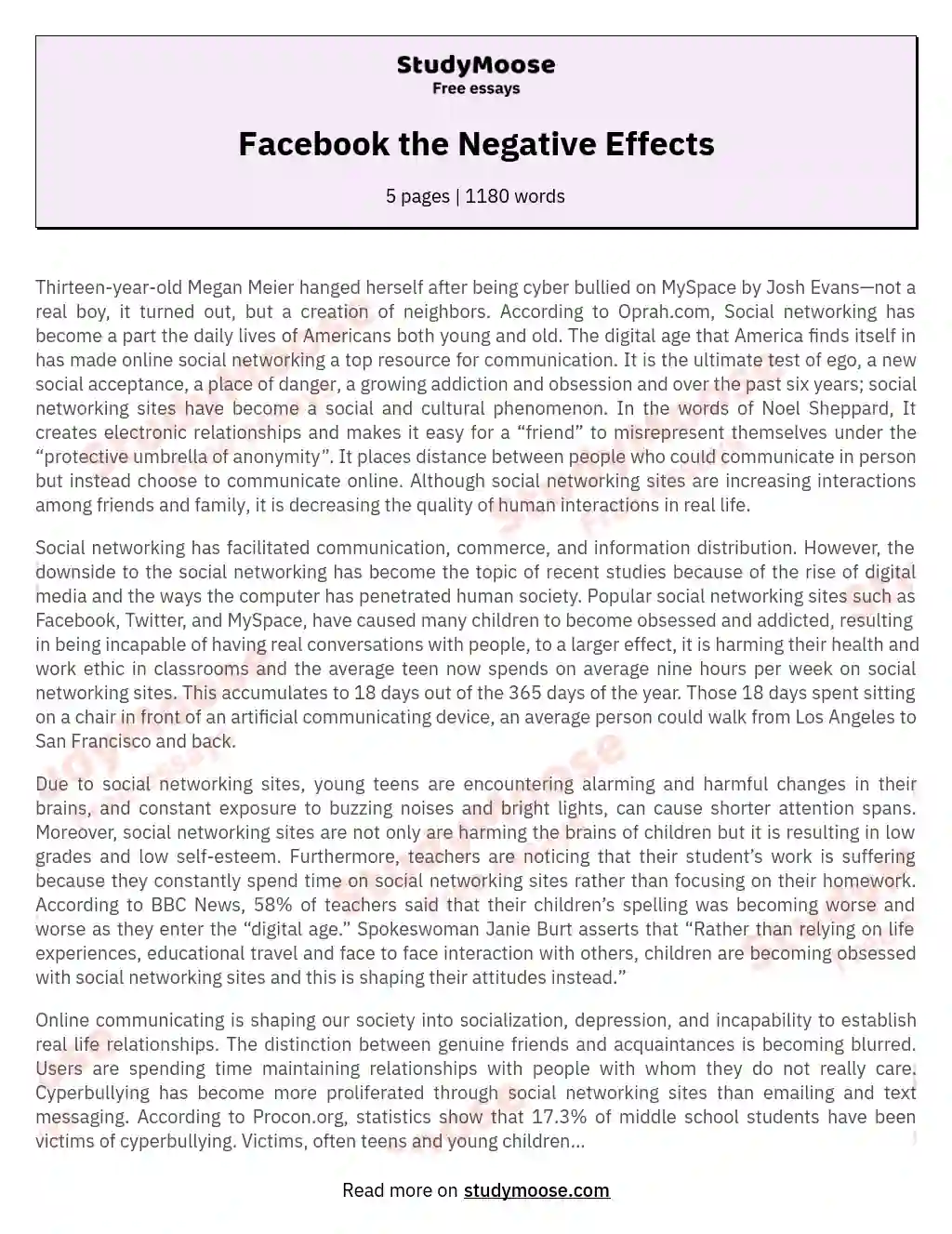 Facebook The Negative Effects Free Essay Example