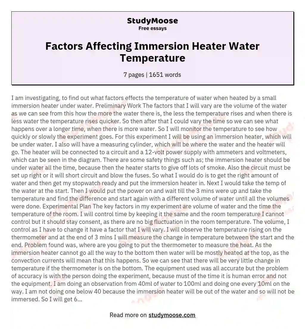 Factors Affecting Immersion Heater Water Temperature essay