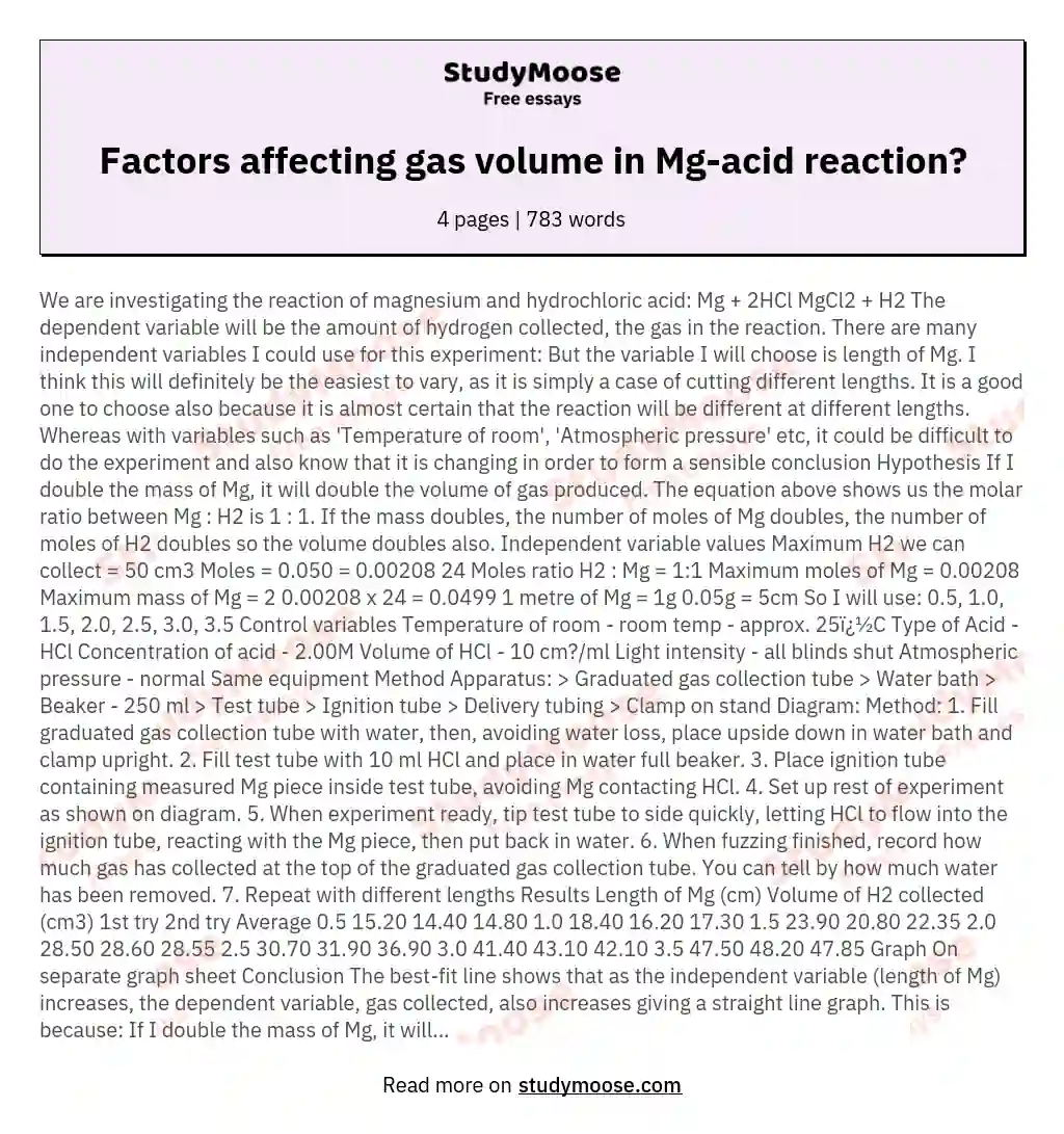 Factors affecting gas volume in Mg-acid reaction? essay