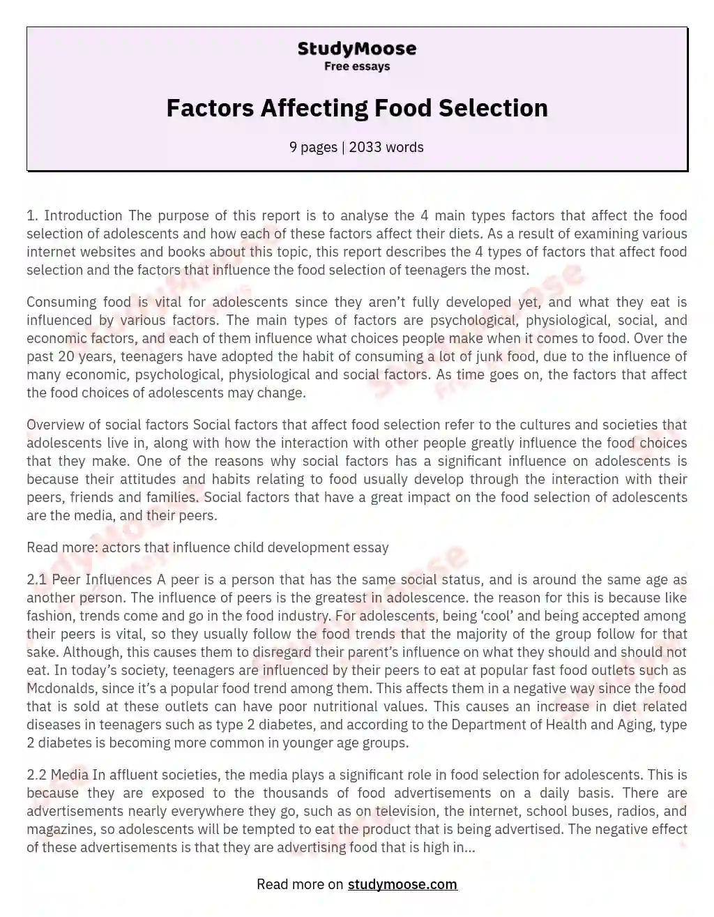 Factors Affecting Food Selection essay