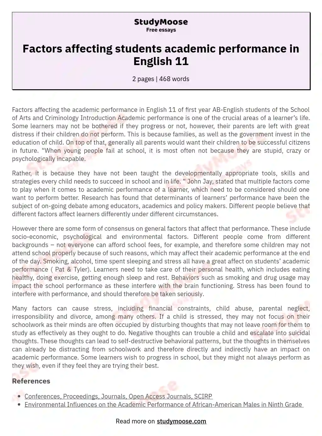 Factors affecting students academic performance in English 11 essay