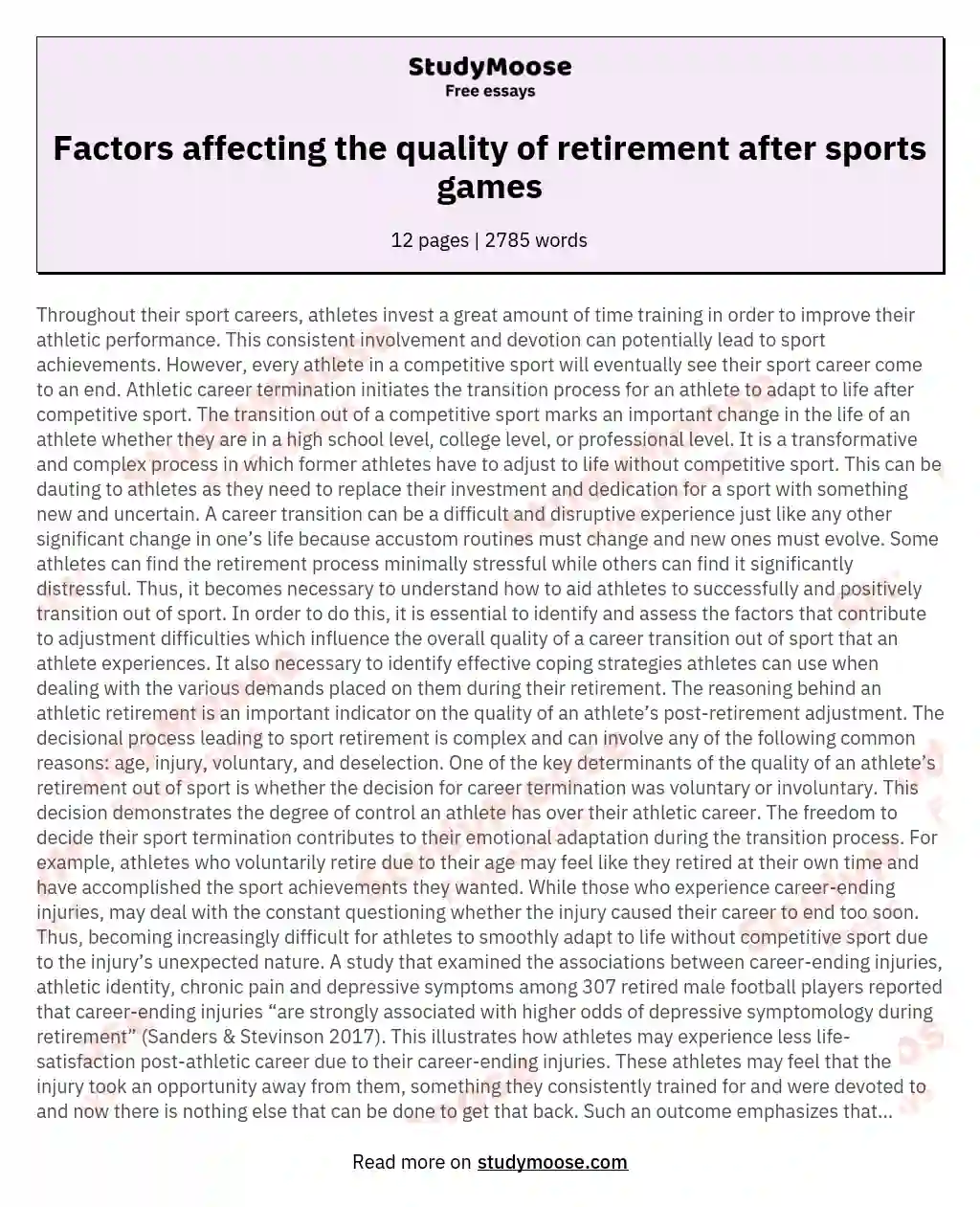 Factors affecting the quality of retirement after sports games essay