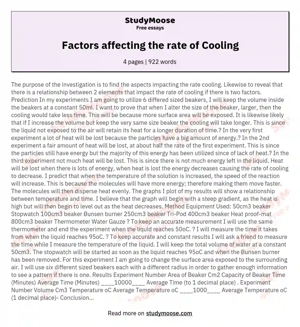 Factors affecting the rate of Cooling essay