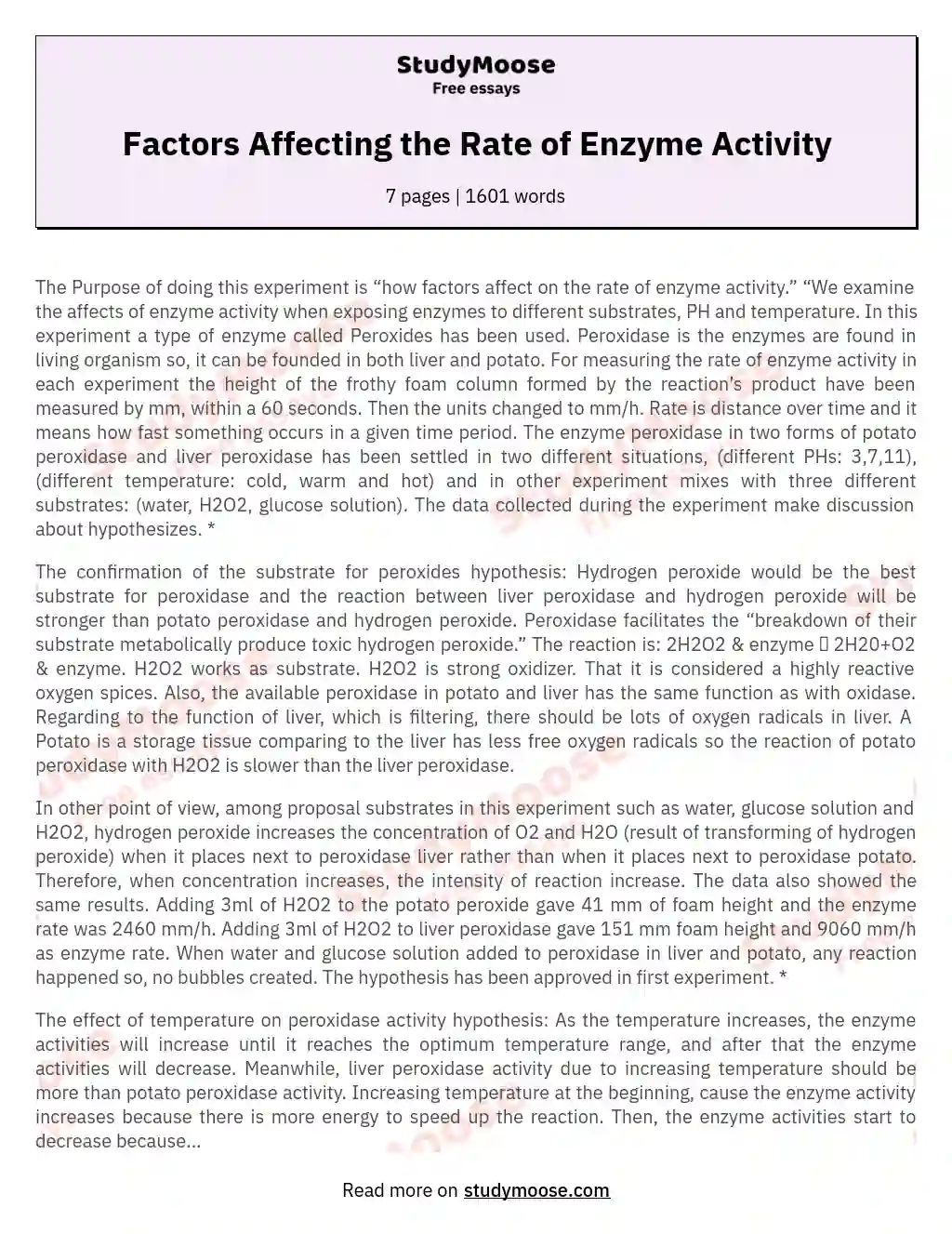 Factors Affecting the Rate of Enzyme Activity essay