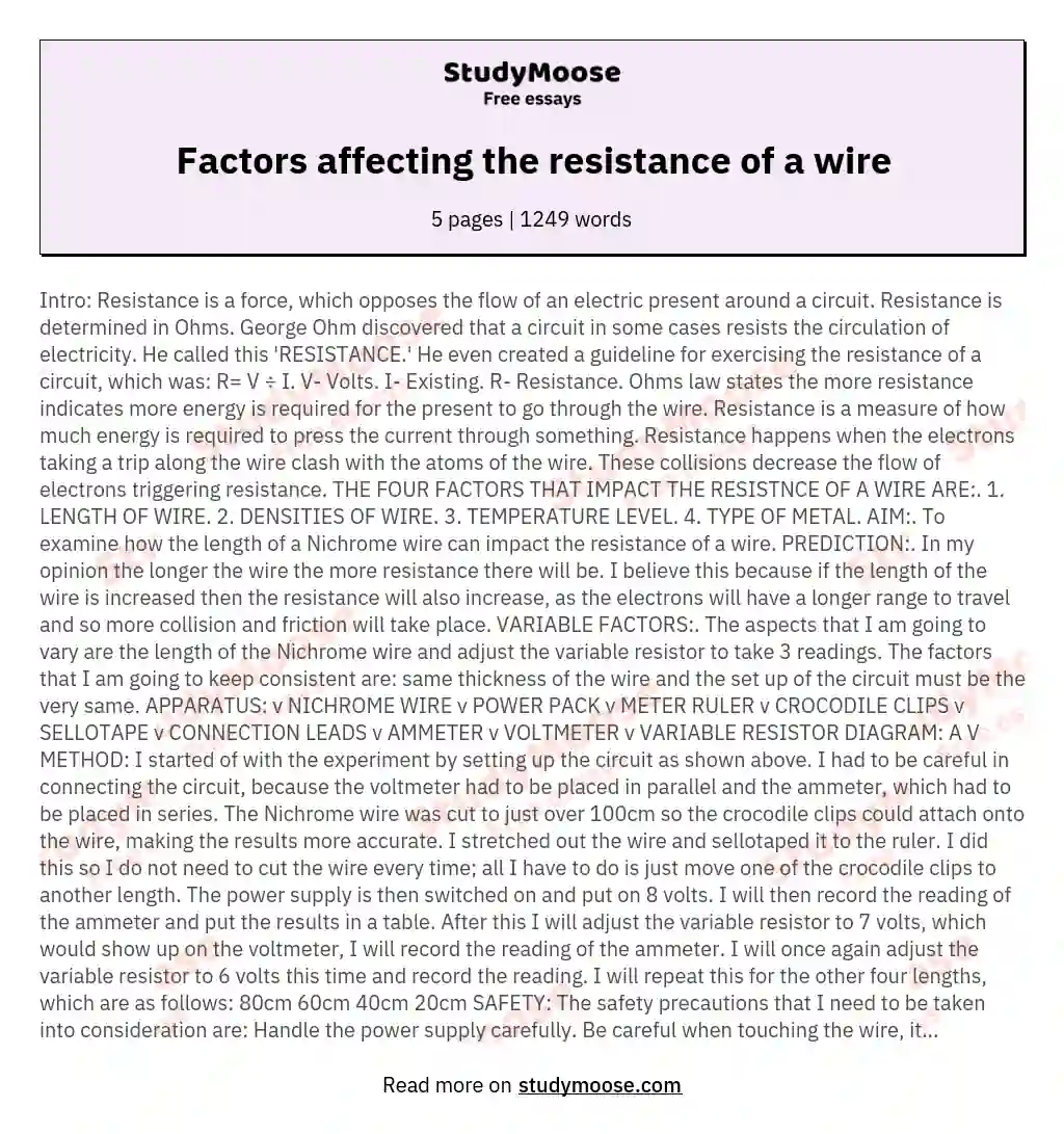Factors affecting the resistance of a wire essay