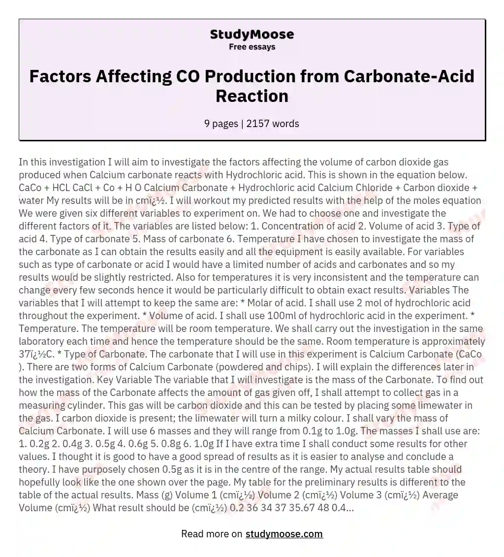 Factors Affecting CO Production from Carbonate-Acid Reaction essay