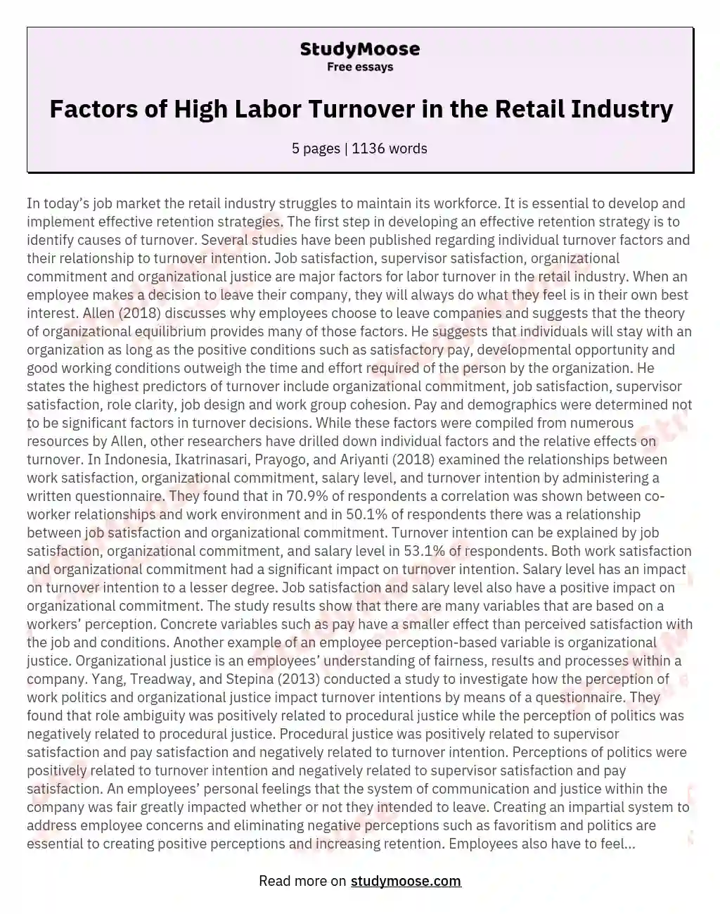 Factors of High Labor Turnover in the Retail Industry