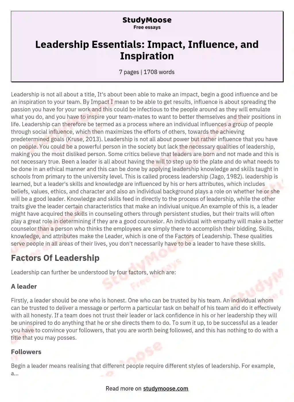 Leadership Essentials: Impact, Influence, and Inspiration essay
