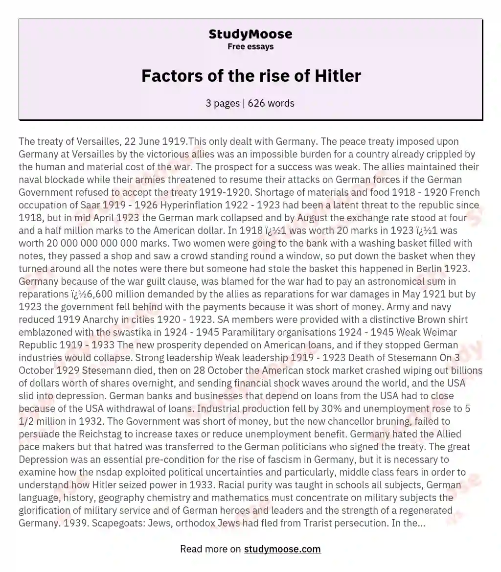 Реферат: Factors In The Rise Of Hitler Essay