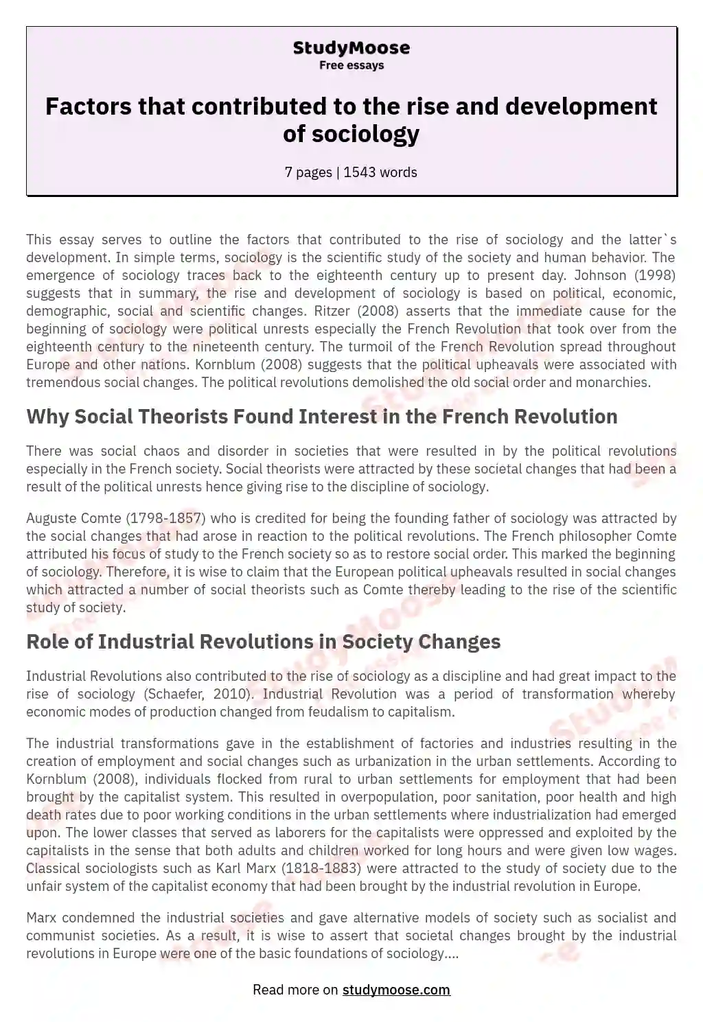 Factors that contributed to the rise and development of sociology essay