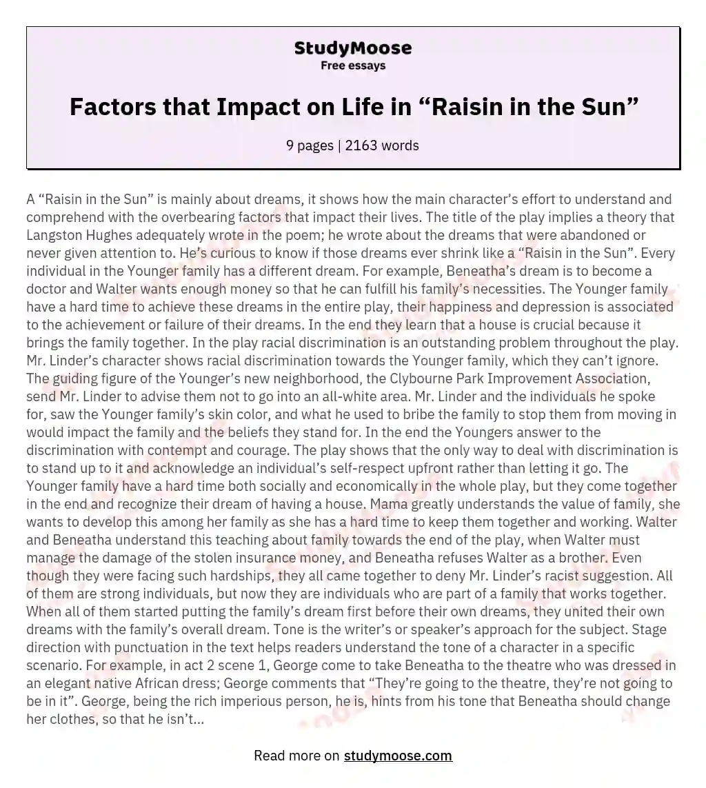 Factors that Impact on Life in “Raisin in the Sun” essay