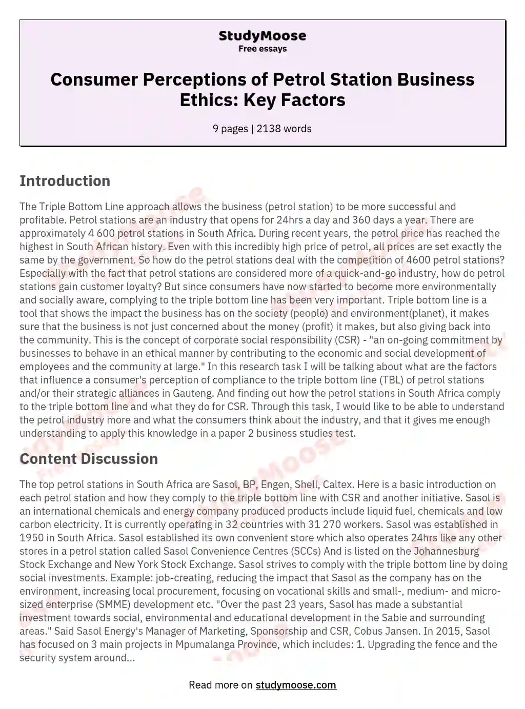 Factors That Influence Consumer's Perception Of Business Ethics Of Petrol Stations