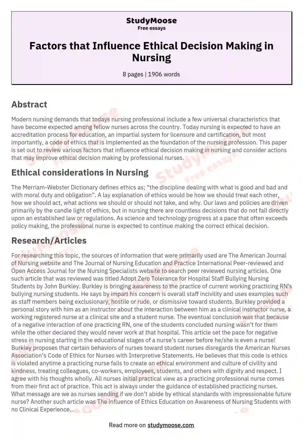 Factors that Influence Ethical Decision Making in Nursing essay