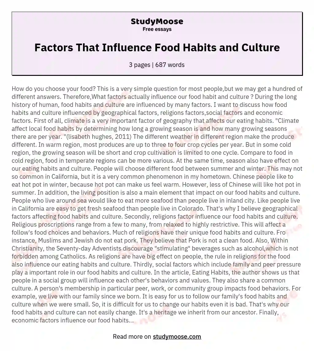 Factors That Influence Food Habits and Culture essay
