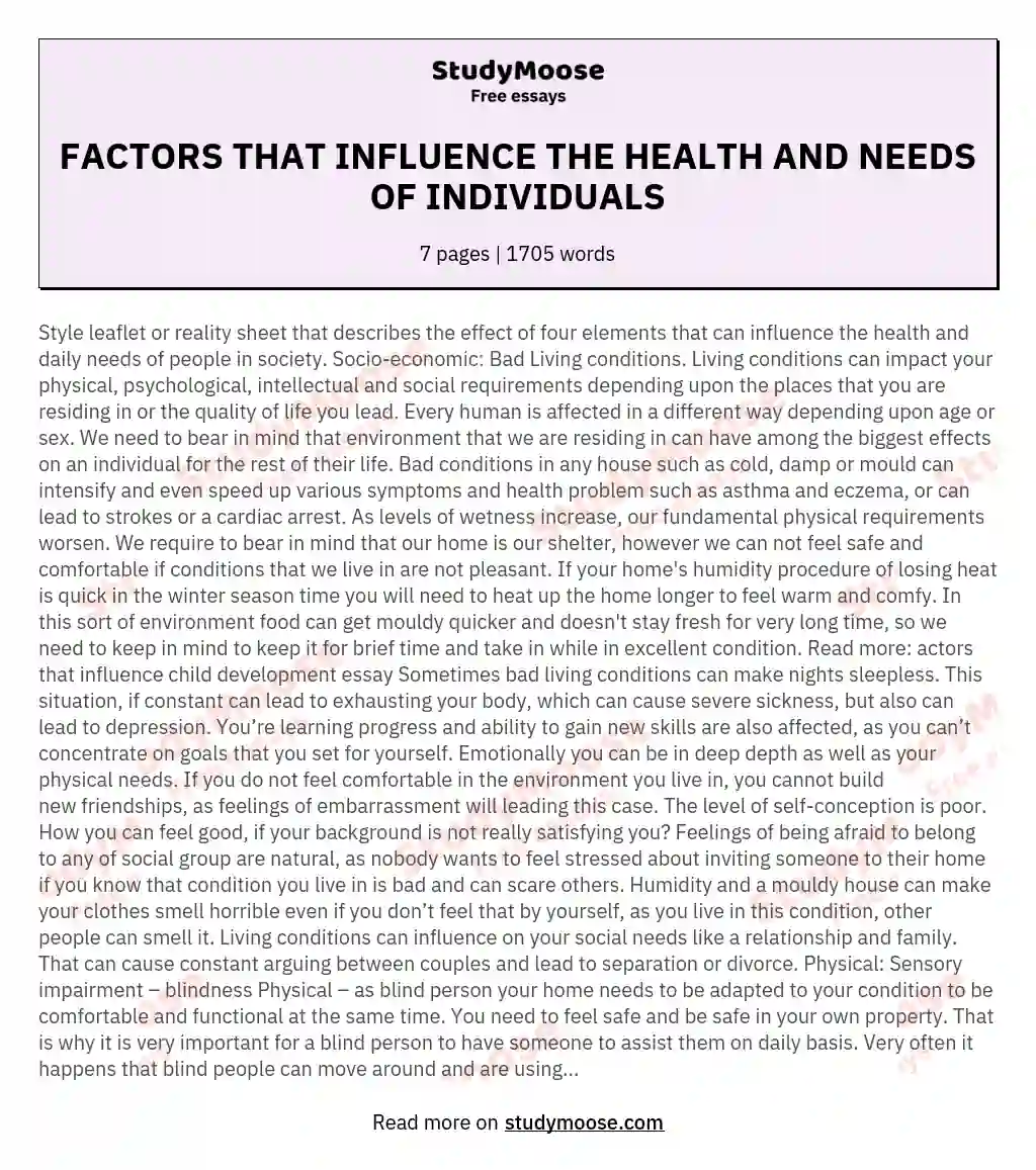 FACTORS THAT INFLUENCE THE HEALTH AND NEEDS OF INDIVIDUALS