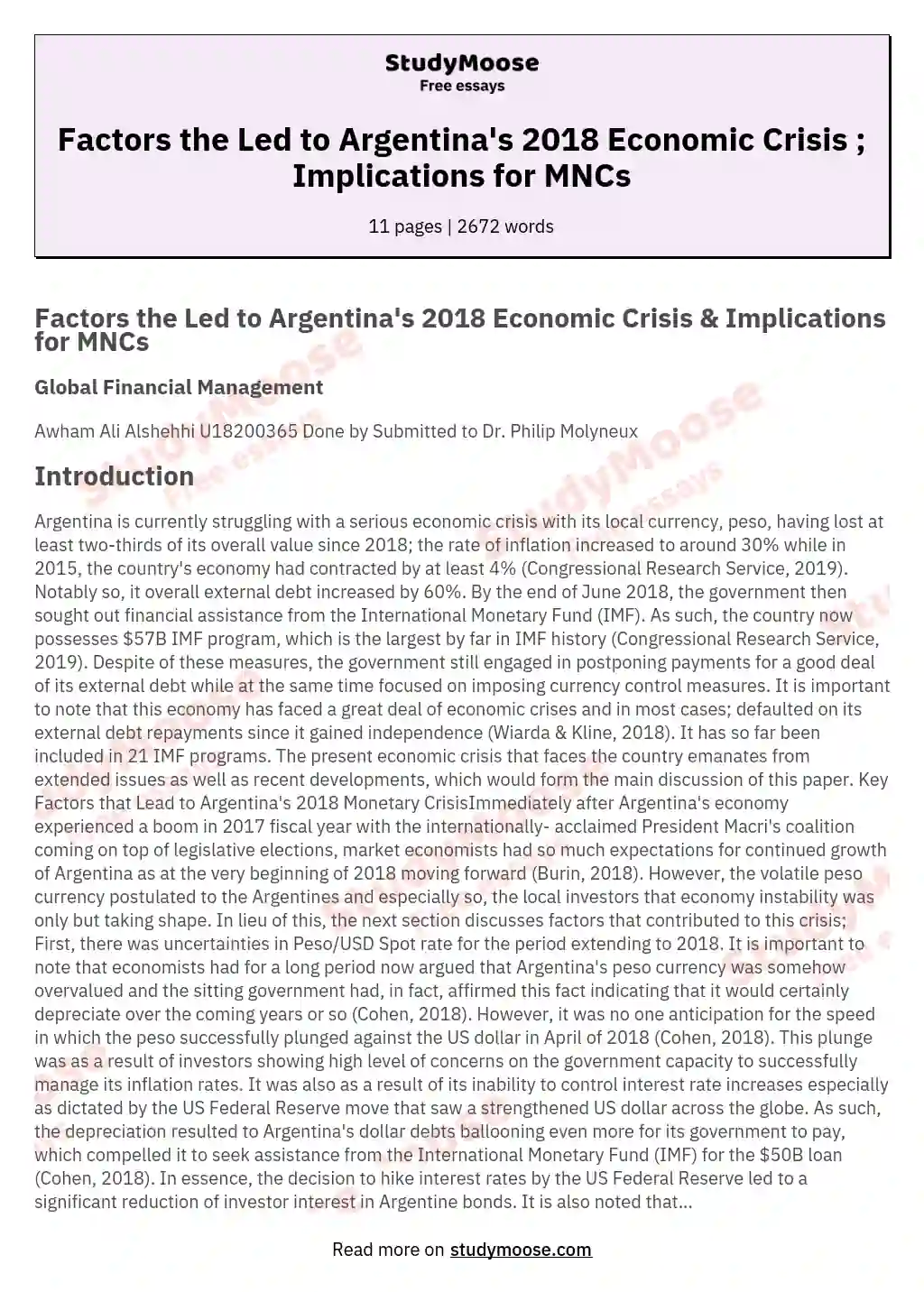 Factors the Led to Argentina's 2018 Economic Crisis ; Implications for MNCs essay