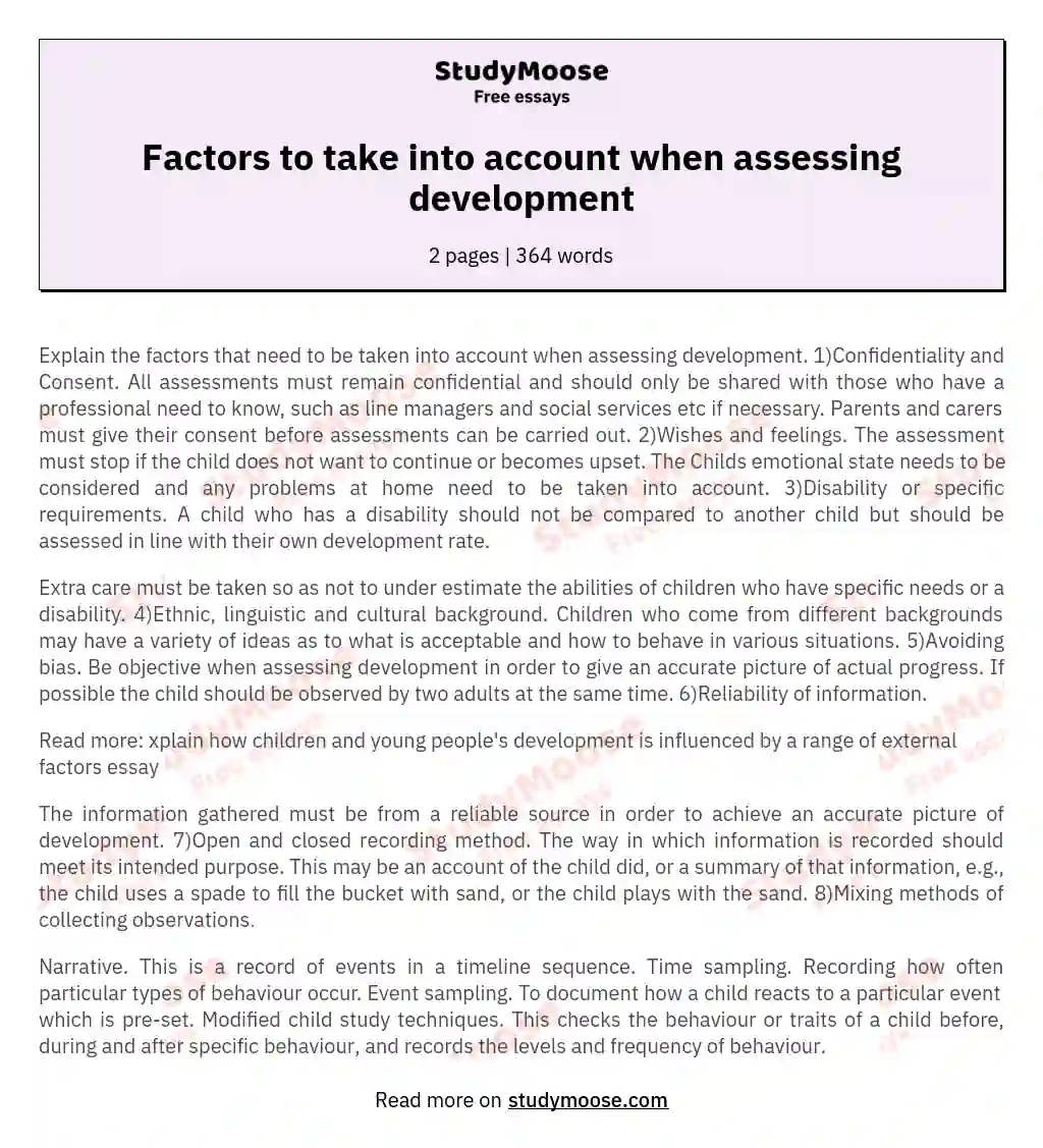 Factors to take into account when assessing development essay
