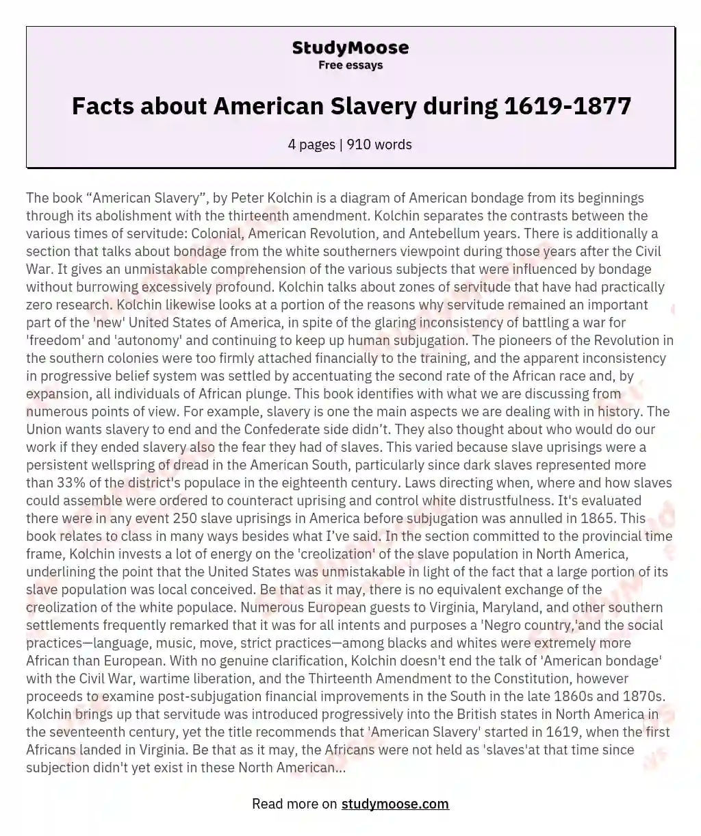 Facts about American Slavery during 1619-1877 essay