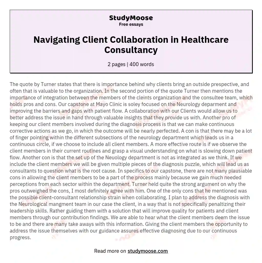 Navigating Client Collaboration in Healthcare Consultancy essay